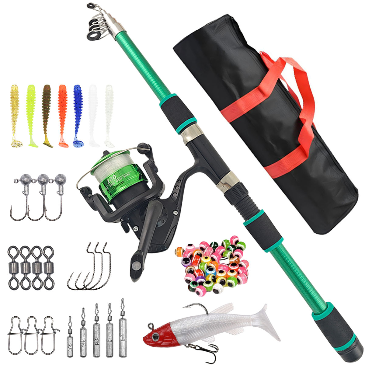 Fishing Equipment Online - Spinnruten- und Rollen-Komplettset mit Schnur, Ködertasche,